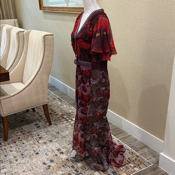 Byron Lars, Elegant,Unique Floral Sheer Maxi Dress, Red/Purple Accents, size 10 - Picture 4 of 15